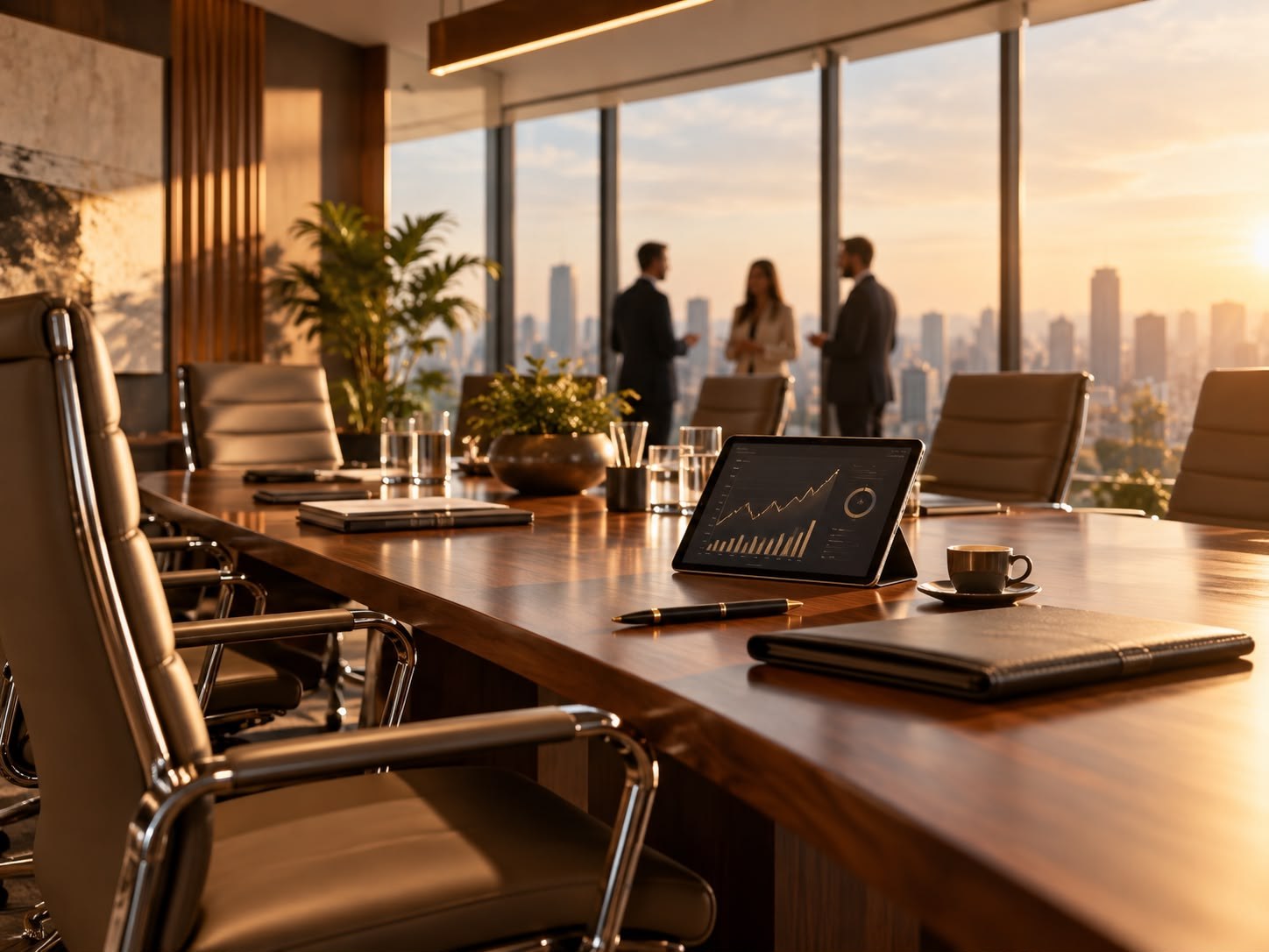 Sala de reuniões executiva com vista da cidade ao entardecer